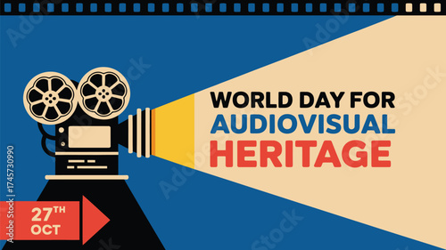 Vector art of world day for audiovisual heritage october 27, stylized film camera projecting light beam