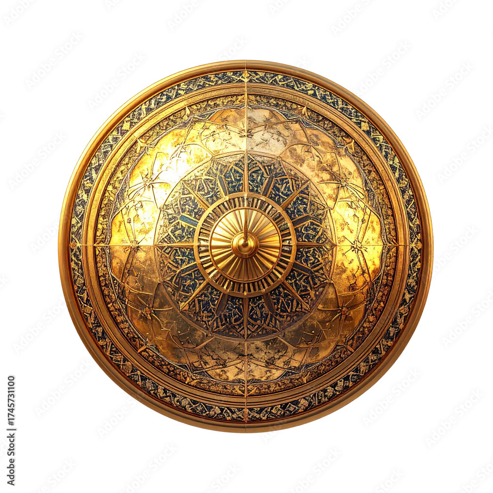Naklejka premium Top-Down View of Ornate Golden Mosque Dome with Geometric Inlay, Isolated PNG 