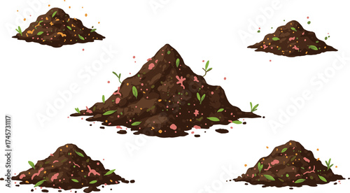 Compost pile illustration set, organic matter, soil health, earthworms, green leaves, hand-drawn vector, white background, gardening, farming, nutrient recycling