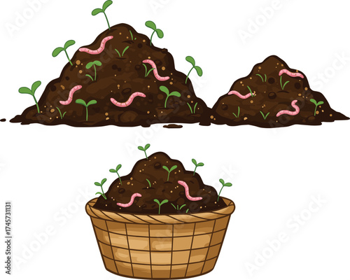 Compost and soil illustration set, plant sprouts, earthworms, basket container, hand-drawn vector, white background, gardening, organic matter, soil health