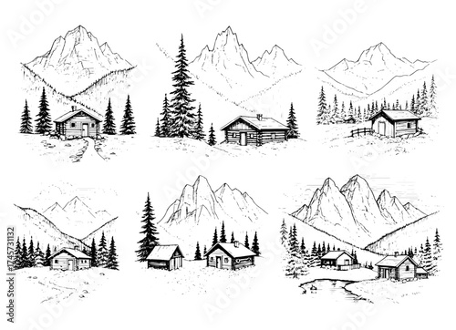 Vector art of set of six hand drawn mountain cabin scenes, showcasing rustic charm and natural beauty in detailed line art