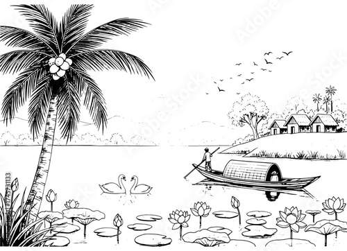 Vector art of tropical landscape with palm tree, boat, lotus flowers and village, idyllic scene