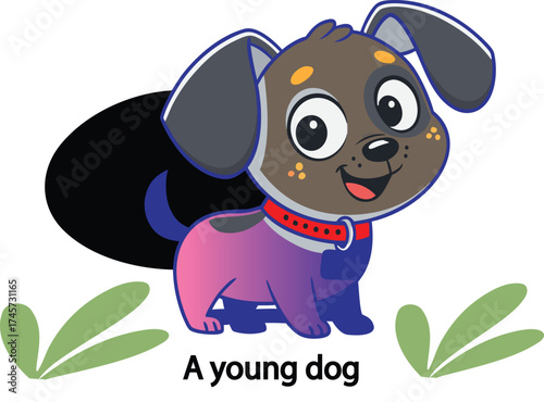 A fun vector illustration of a cute baby dog puppy character pet playing with a mouse toy in nature