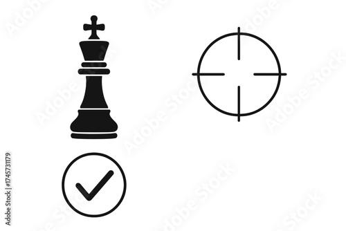 Vector design of chess king piece, target scope, and checkmark icon set. Strategy concept, success symbol, game and goal achievement, black silhouette icons collection.