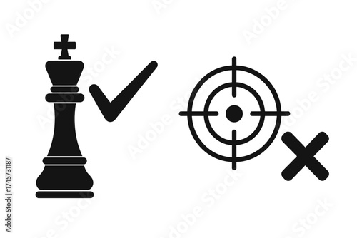 Vector chess king piece with checkmark and target icon with cross mark, concept of checkmate and missed target, strategy and game symbols, success and failure signs
