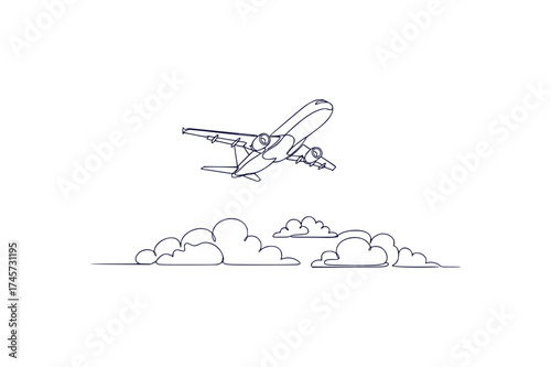 Minimalist Airplane Drawing Ascending Through Clouds Artistic Depiction of Flight and Travel Simplicity in Design and Clean Aesthetic