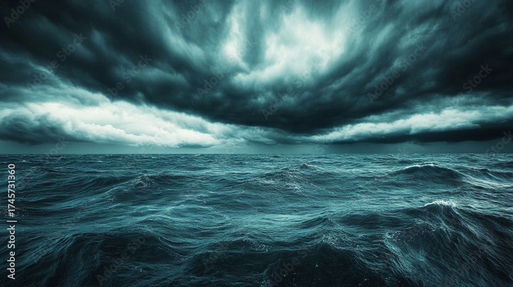 Fototapeta premium Dark haunted ocean under black and blue sky, eerie clouds and mist create a mysterious, gloomy, and unsettling atmosphere for horror or thriller themes.