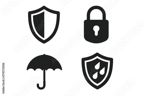 Vector set of security and protection icons including shield, lock, umbrella, and waterproof shield for safety and privacy concepts
