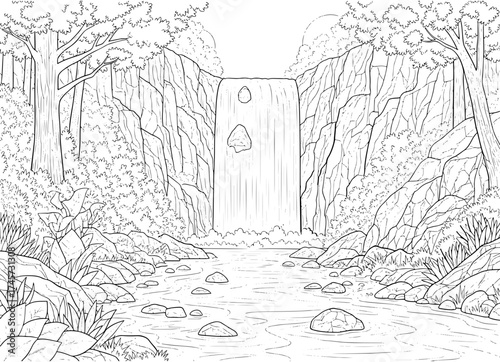Vector art of detailed line art of a serene waterfall cascading through a lush forest, capturing natures tranquility