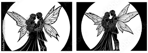 Vector art of romantic fairy couple silhouettes, embracing in moonlit scene with delicate wings and elegant attire