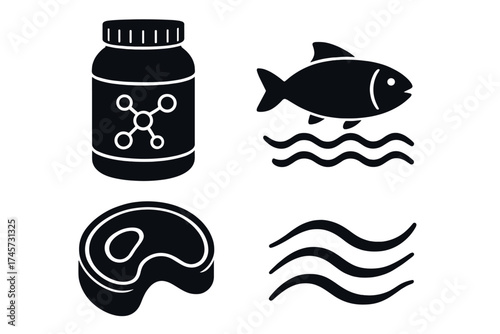 Protein supplement bottle, fish and meat icons, sea and water wave symbols, nutrition and food source collection, healthy diet, dietary protein concept