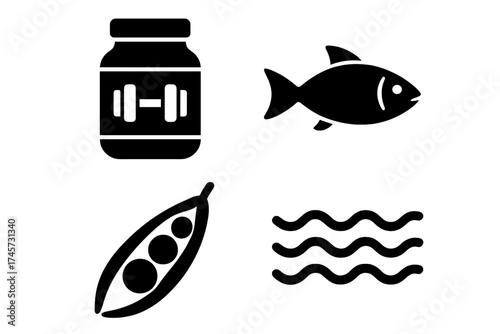 Protein supplement jar with dumbbell, fish, pea pod, and water waves icons collection. Fitness nutrition, healthy food, omega-3, plant protein, and seafood diet concepts, nutrition symbols vector set.