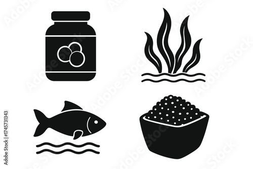 Protein and Sea Food Vector Icons Set. Fish, Seaweed, Protein Supplement Jar, Caviar Bowl. Marine Nutrition and Health Concept. Marine Life Symbols for Food, Health, Supplements, Diet, Ocean