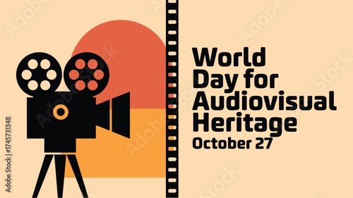 Vector art of world day for audiovisual heritage on october 27 featuring a stylized film camera and film strip