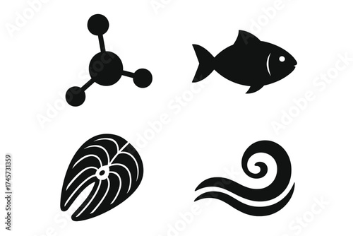 Protein molecular structure and sea life vector icons set with fish silhouette, fish steak, sea wave symbol, and molecular connection diagram, marine biology and food concept illustration