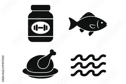 Protein and seafood nutrition symbols collection. Supplement jar with dumbbell icon, fish, cooked chicken on plate, and ocean waves. Healthy diet, fitness, marine food, protein sources vector set.