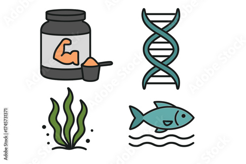 Protein supplement jar with muscle icon and scoop, DNA double helix strand, green seaweed plant, blue fish swimming, marine nutrition and molecular biology concept vectors