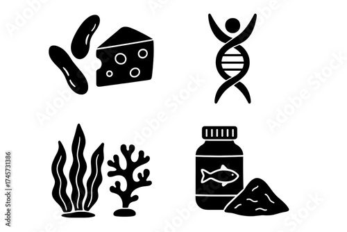Protein sources icons set. Beans and cheese for plant-based protein, human DNA symbol for genetics, seaweed and marine algae, fish oil supplement powder and bottle. Healthy nutrition, diet.