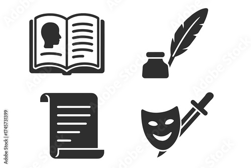 Storytelling icons collection. Book with profile, feather quill and ink bottle, ancient scroll manuscript, theatrical comedy mask with dagger. Literature, writing, drama, narrative concept symbols.