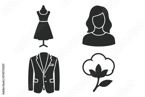 Fashion and garment vector icons. Dress mannequin, woman silhouette, formal blazer jacket, cotton plant symbol. Clothing, textile, apparel industry illustrations for design and branding