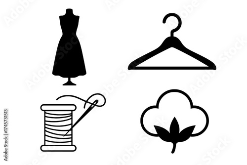Fashion and garment industry vector icons set. Dress mannequin, clothes hanger, sewing thread with needle, natural cotton symbol. Apparel design tools, textile and clothing elements concept.