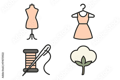 Vector icons of fashion and garment design elements. Dress mannequin, sleeveless dress on hanger, sewing needle with thread spool, cotton plant symbol for clothing industry and tailoring