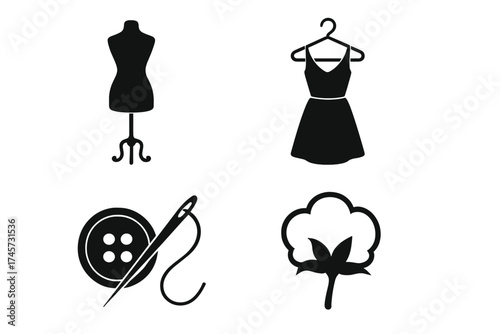 Fashion and garment vector icons collection with dress mannequin, clothing hanger with dress, sewing needle with button, and cotton plant symbol for textile industry design
