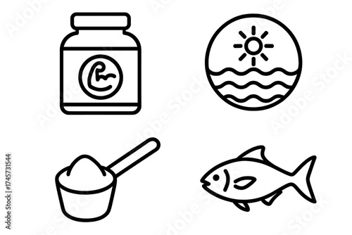 Protein supplement jar with sea and fish icons, whey and powder scoop, muscle building nutrition concept, healthy fitness diet, natural omega-3 and marine protein source vector design