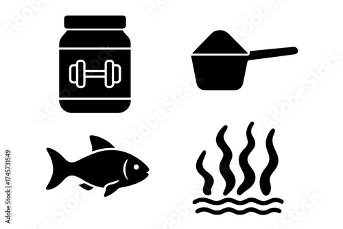 Protein supplement and sea fish vector collection. Jar of protein powder with dumbbell icon, scoop of supplement powder, fish silhouette, and aroma steam waves. Nutrition and fitness health concept.