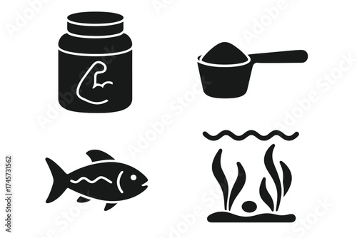 Protein supplement container with muscular arm icon, scoop of protein powder, fish symbol and seaweed underwater vector illustration for health nutrition and fitness concept design