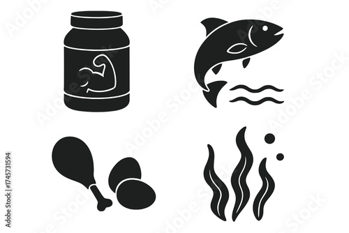 Vector set of protein supplement jar, fishing fish, chicken drumstick, eggs, and seaweed sea signs. Nutrition sources. Healthy food icons for diet, muscle building, weight loss, and fitness concepts