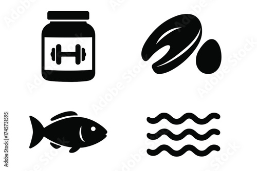 Protein supplement container with dumbbell symbol, mussels and eggs for high protein diet, fish icon and water waves for seafood and aquatic nutrition concept, health and fitness