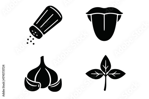 Taste and seasoning icons set. Garlic, salt shaker, tongue taste sense, fresh herb leaves. Cooking spices, flavor, aroma symbols, healthy food ingredients vector collection for culinary design