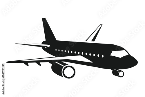 Black Commercial Airplane Side View Featuring Visible Windows, Tail Fin and Wing Details