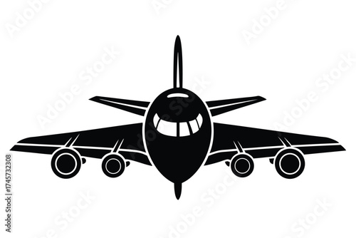 Frontal View of Silhouette Airplane with Four Engines and Cabin Windows Depicted