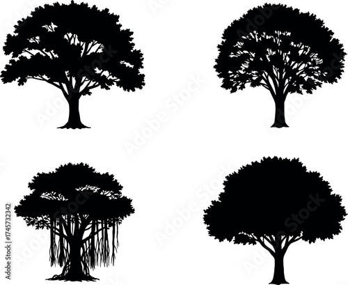 Set of black tree silhouette vector icons with diverse canopy shapes for nature, landscape, forest, and botanical design themes