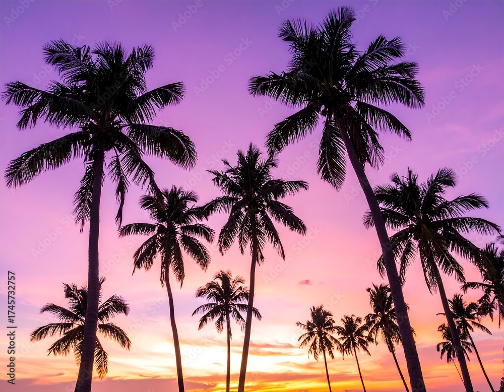 Obraz premium Silhouetted palm trees against a vibrant sunset (2)