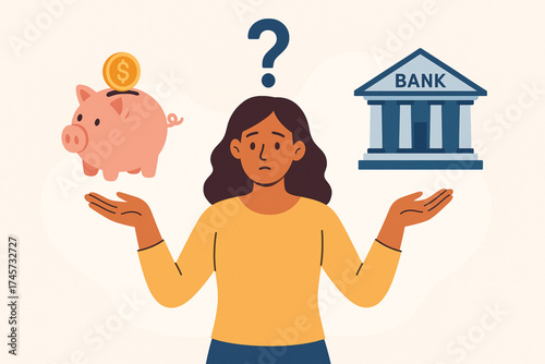 Woman Choosing Between Bank and Piggy Bank for Budget Planning Concept