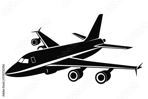 Graphic Illustration of a FourEngine Jet Airplane with TTail in Silhouette Style