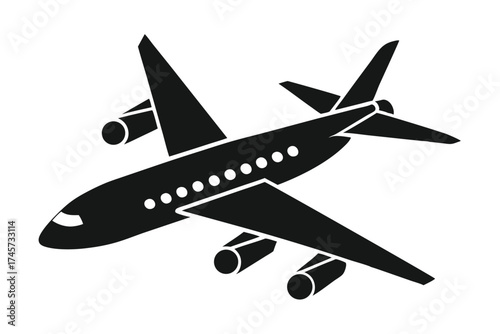 Black Silhouette of Jet Airplane with Visible Fuselage Windows and Engines on Wings