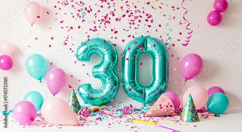 Colorful 30th birthday party setup with balloons and confetti  