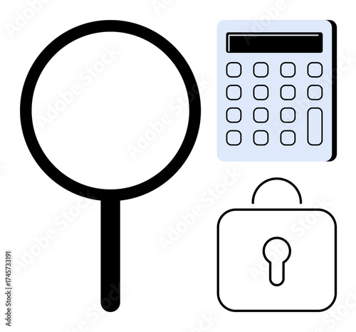Black magnifying glass, digital calculator, and padlock. Ideal for research, security, analysis, privacy, finance problem-solving technology themes. Simple flat metaphor