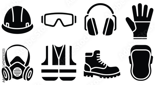 Safety equipment, vector illustration collection including protective gear icons such as helmet, mask, vest, gloves, boots, and pads, industrial safety artwork, construction vector design,