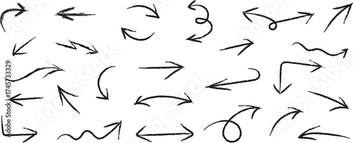 Black Crayon Hand-Drawn Arrow Collection — Curved, Wavy, and Spiral Sketch Vector Set