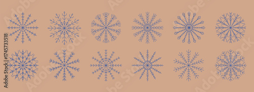 Thin line winter snowflakes crystal designs. Merry Christmas and happy new year ornament, snowfall symbol for card, banner, package vector illustration