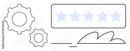 Gear mechanisms, five-star rating, abstract wave, and clean lines represent productivity, teamwork, performance, innovation, success, feedback and improvement in a simple flat metaphor