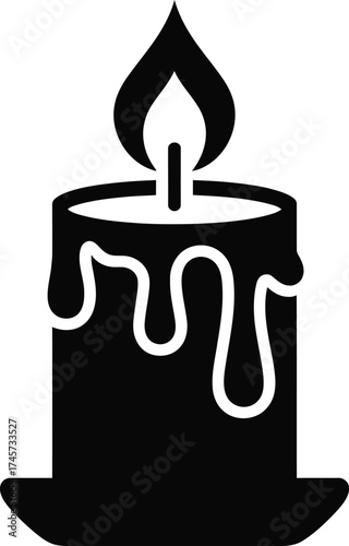 Elegant black candle with melting wax design on transparent background silhouette