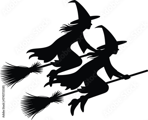 Two witches on broomsticks flying in the air on transparent background silhouette