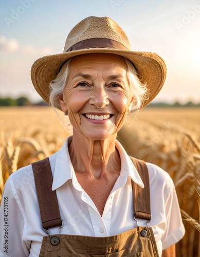 Portrait of a smiling elderly woman in a wheat field