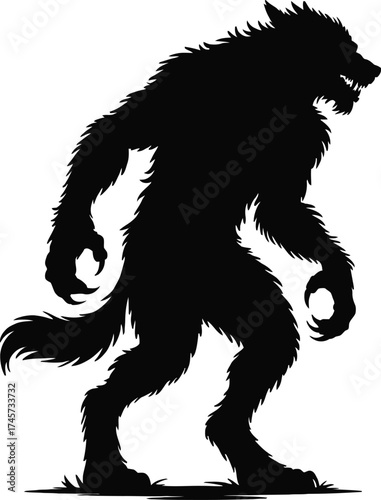 Black silhouette of a fearsome werewolf creature on transparent background silhouette